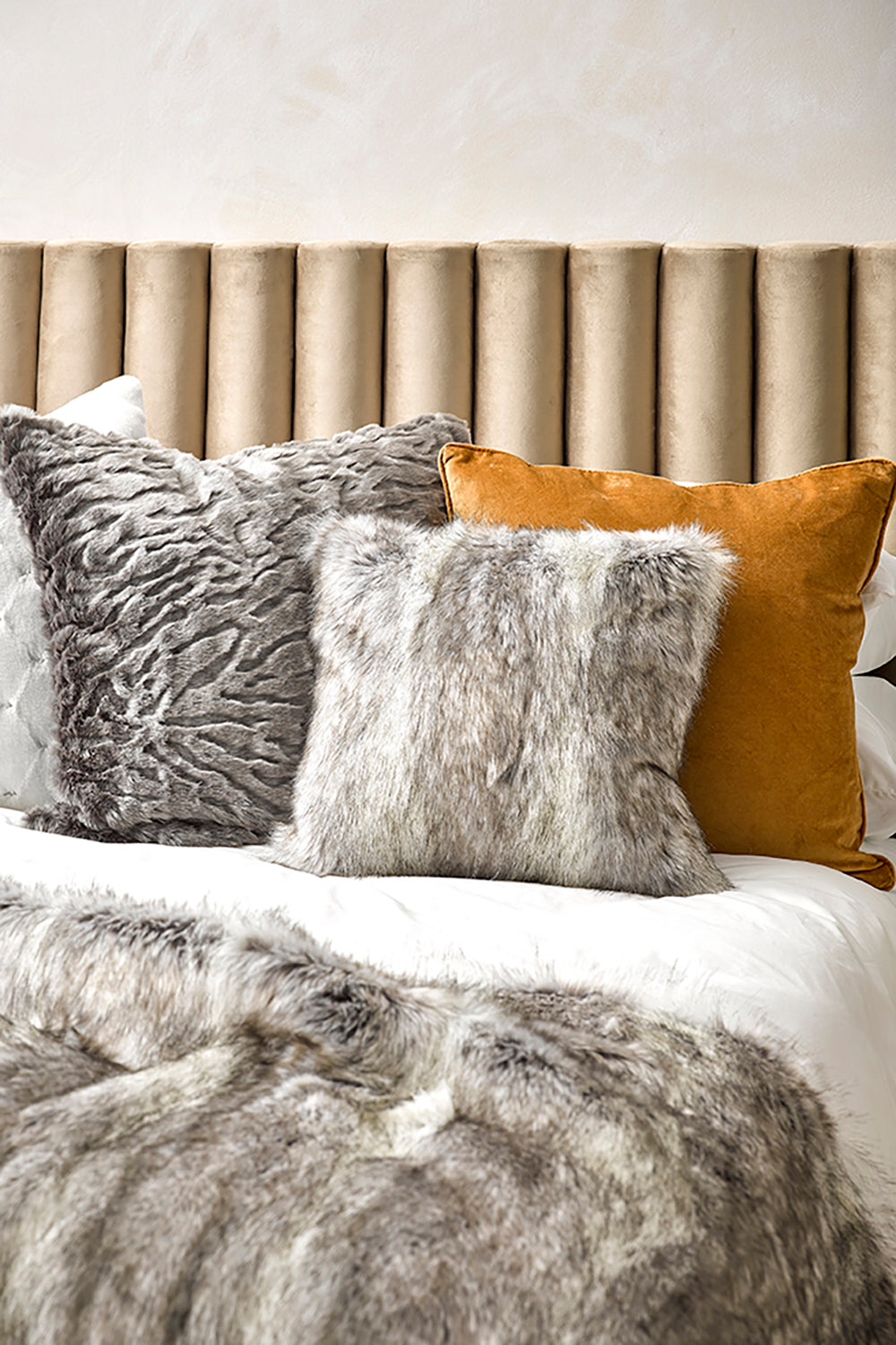 Imitation fake fur throw - Heirloom faux fur throw and cushions in Grey Coyote SUK FGCT18