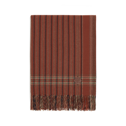 Loro Piana plaid turkana cashmere throw in cream with brown and white lines and checks with fringe