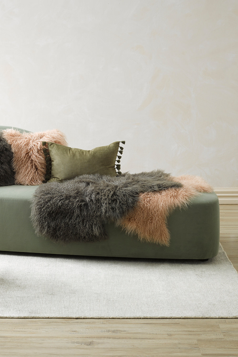 Meru Tibetan Lambs skin Fur hides and cushions - Meru in Kelp from Mulberi sku 23952H| My Sanctuary NZ