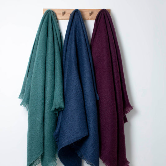 Soft Mohair luxury throws from Glamorous Goat in Blueberry. Angora kid mohair throws available at My Sanctuary