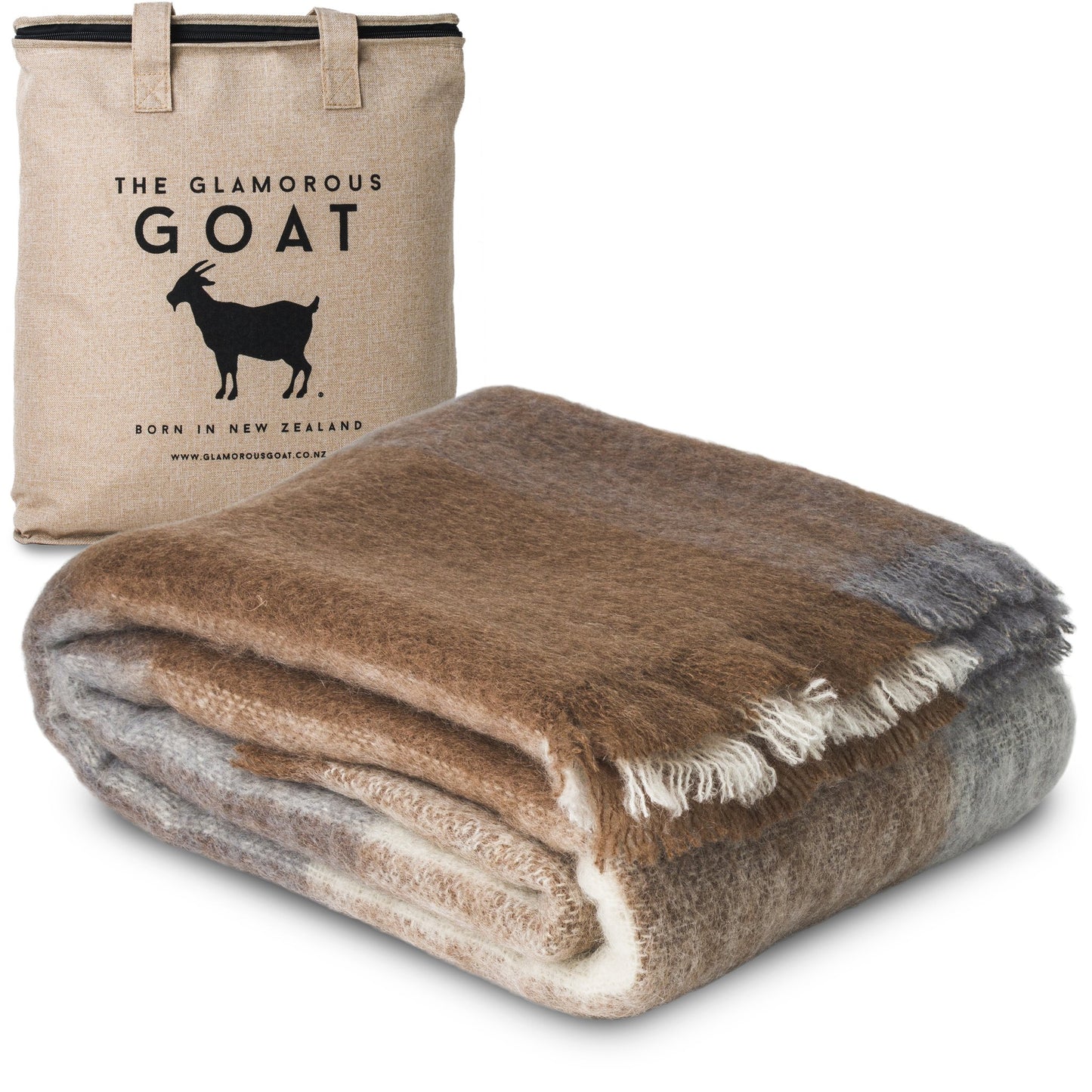 Soft Mohair luxury throws from Glamorous Goat. Mohair throw in Pembroke brown and grey check available at My Sanctuary