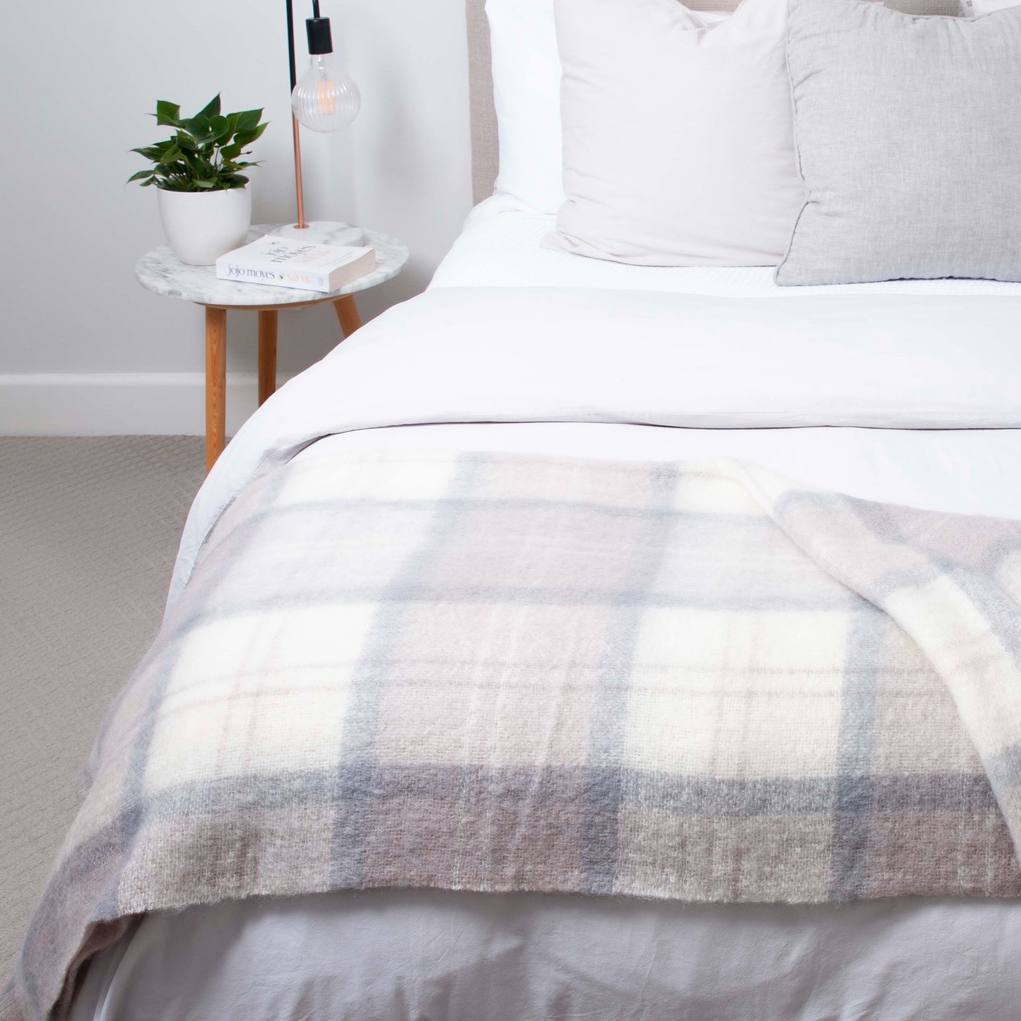 Soft Mohair luxury throws from Glamorous Goat in Wanaka Earth beige and grey chec. Angora kid mohair throws available at My Sanctuary