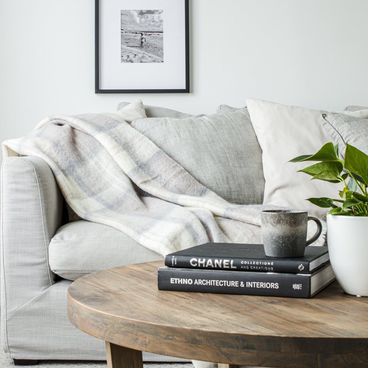 Soft Mohair luxury throws from Glamorous Goat in Wanaka Earth beige and grey chec. Angora kid mohair throws available at My Sanctuary
