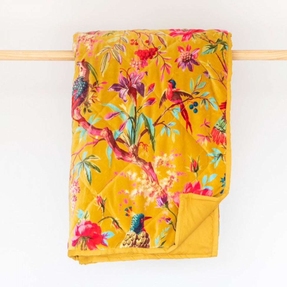 Bird of Paradise Velvet Throw in Ochre