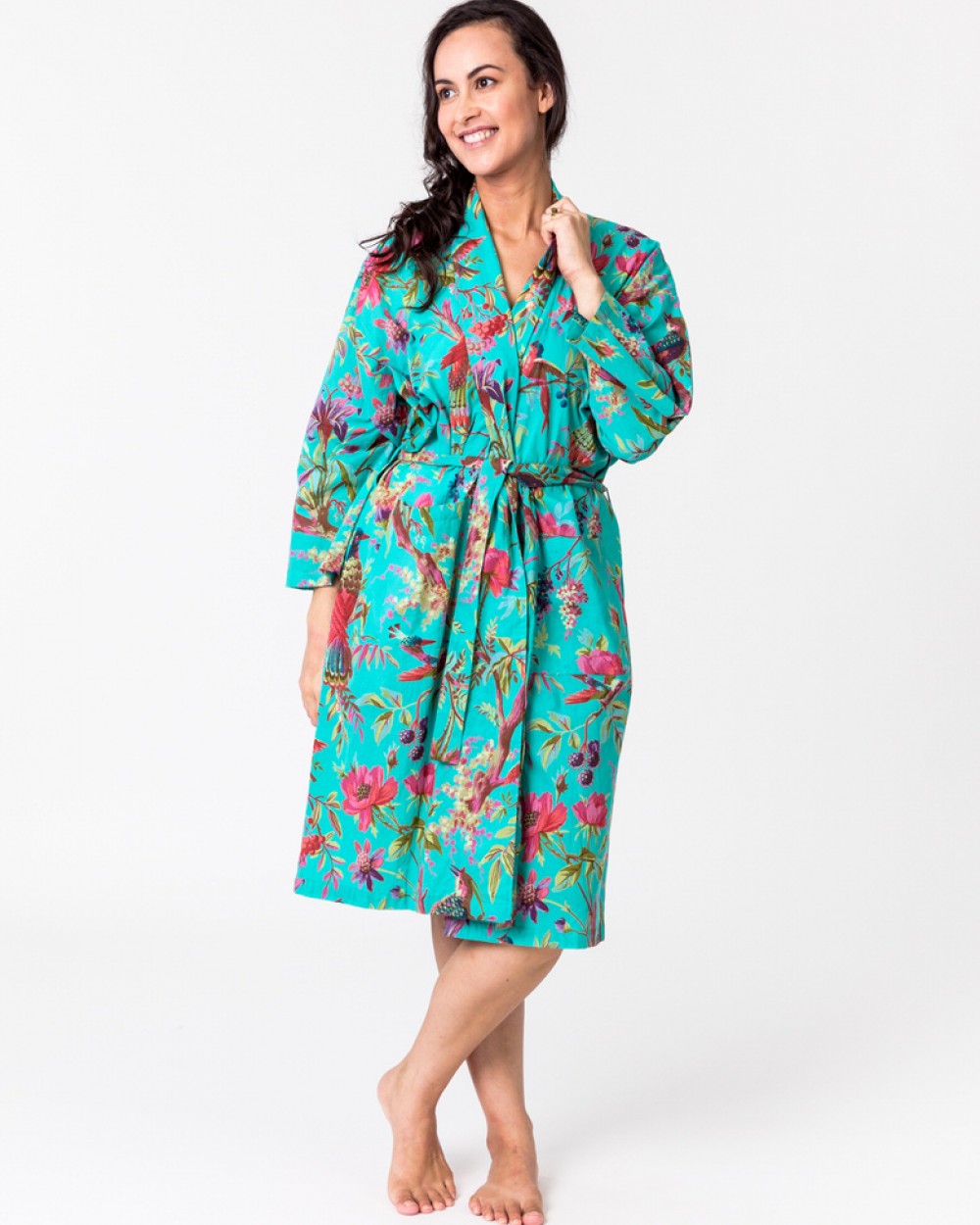 paradise aqua green kimono in cotton with belt