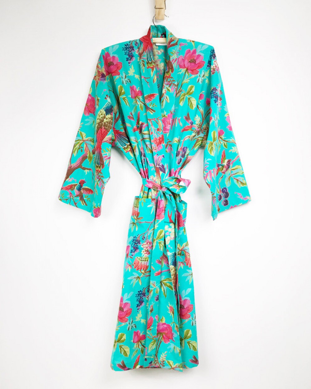 paradise aqua green kimono in cotton with belt