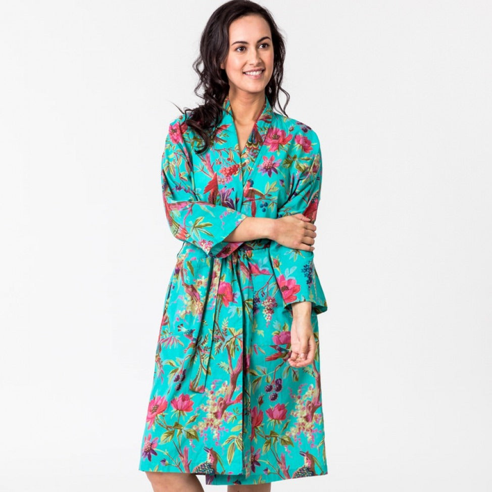 paradise aqua green kimono in cotton with belt