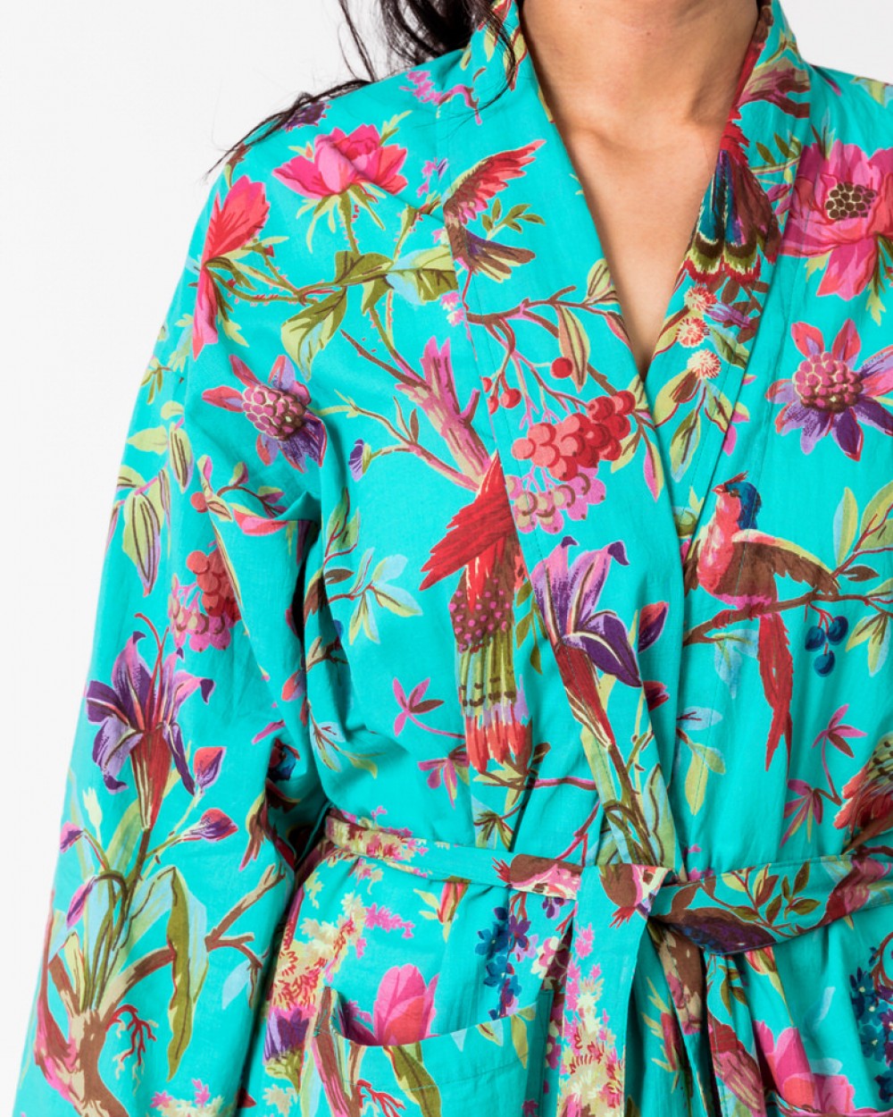paradise aqua green kimono in cotton with belt