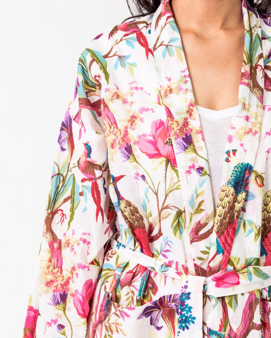 Paradise off white kimono from Floressents, bird of paradise pattern