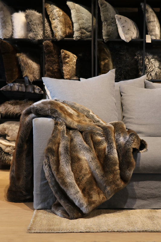 Imitation fake fur throw - Heirloom faux fur throw and cushions in Striped Elk. Made in New Zealand