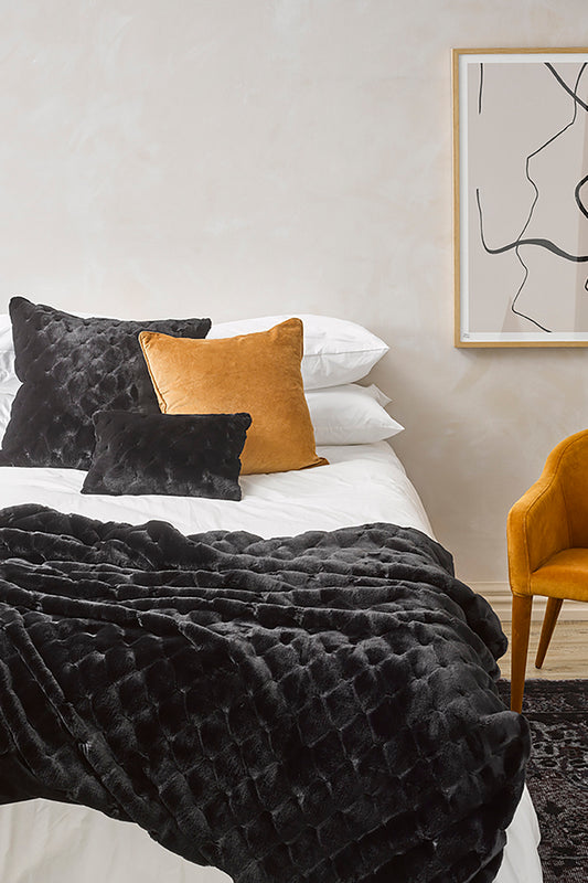 Luxury imitation fur throw, Valentina Black from Heirloom Furs with matching cushions SKU FVABT18