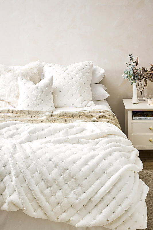 Luxury imitation fur throw, Valentina white from Heirloom Furs with matching cushions SKU FVAWT18