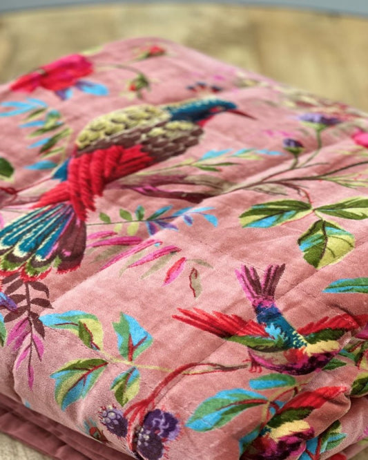 Bird of paradise quilted velvet throw in dusty pink