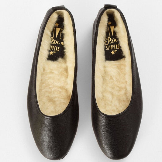 Italian Leather Ballet Slippers in black with wool lining and rubber sole. Luxury slippers from My Sanctuary