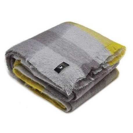 Luxury pure mohair throw in yellow and grey check. Mohair NZ available at My Sanctuary