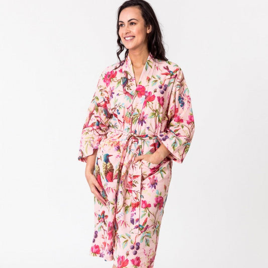 Paradise rose kimono robe with bird of paradise pattern - Floressents