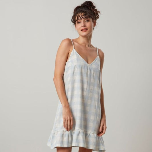 Lena night in blue and white check with frilled hem