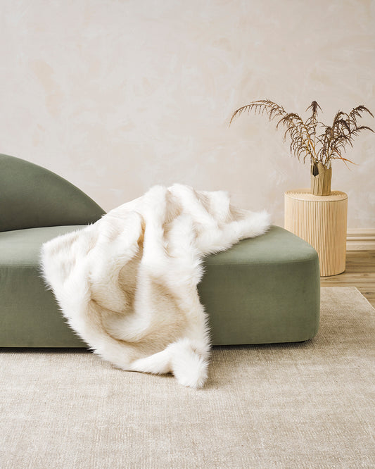 Luxury faux fur throw in pure white from Heirloom. These are the best fake fur throws, super soft for NZ interior design SKU FNFT18