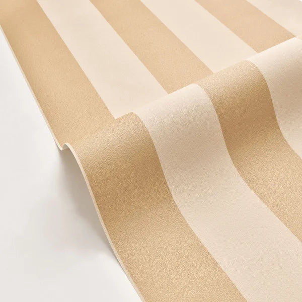 Beige and cream striped wallpaper with a textured finish, shown rolled out on a white background.