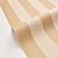 Beige and cream striped wallpaper with a textured finish, shown rolled out on a white background.