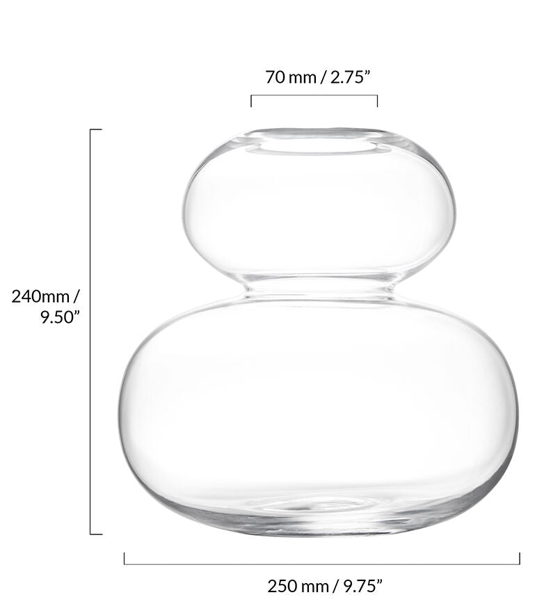 Clear vase with dimensions labeled on a white background