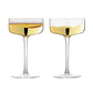 Two champagne glasses filled with champagne on a white background
