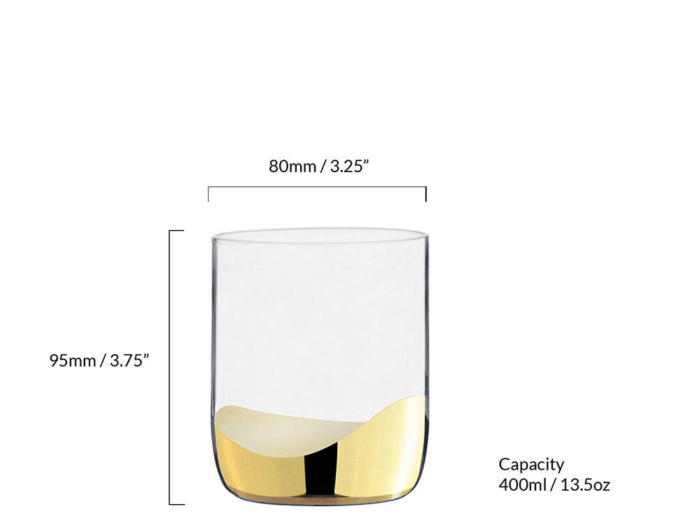 Glass with gold accent and measurement details on a white background