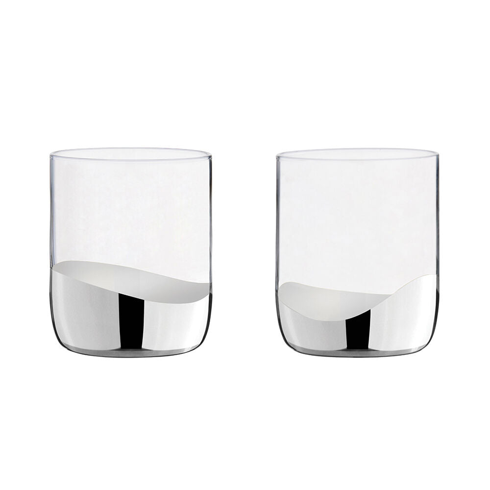 Two clear glass tumblers with silver design on a white background