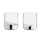 Two clear glass tumblers with silver design on a white background
