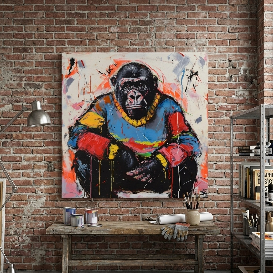 A large canvas painting of a seated gorilla in a colorful sweater hangs on a brick wall in a styled studio or gallery space. The room includes a wooden bench with paint cans and brushes, a metal floor lamp, and a shelving unit with books and supplies.