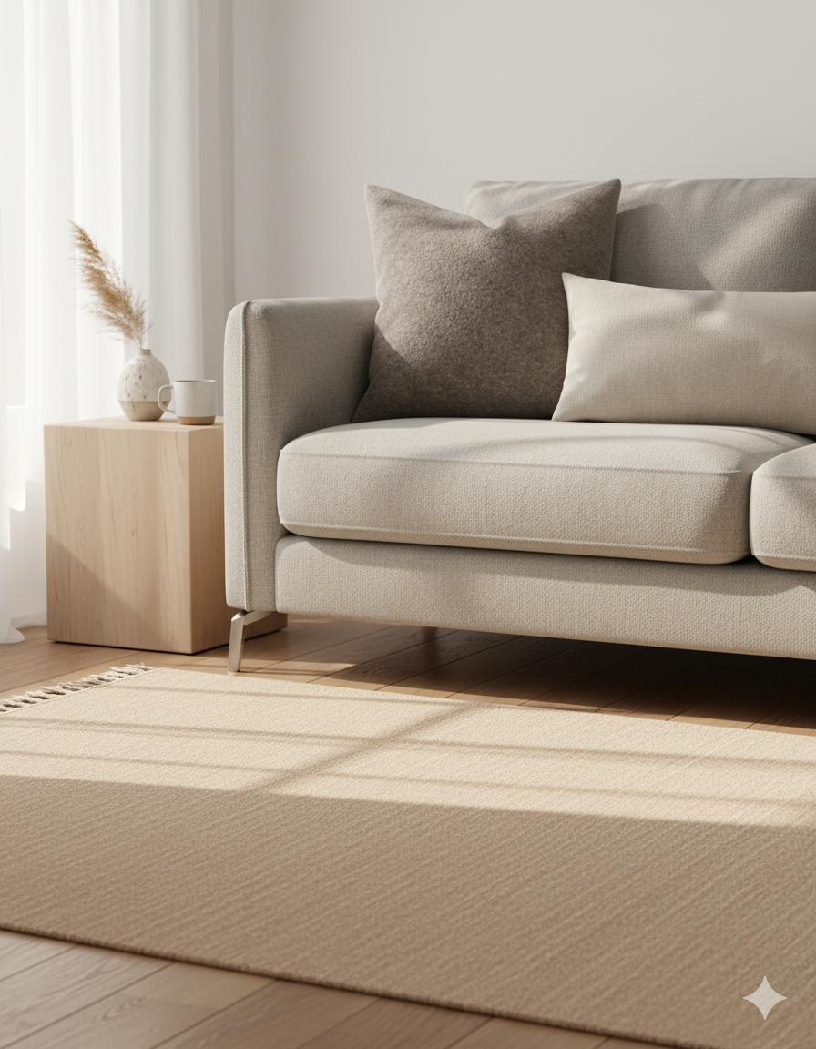 Beige sofa with cushions in a living room setting