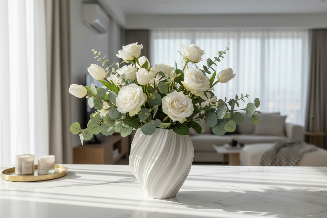 White flowers in a vase on a table in a bright living room.