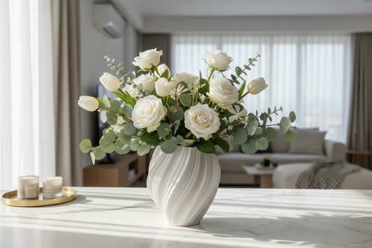 White flowers in a vase on a table in a bright living room.