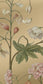 A room with wallpaper featuring a botanical garden design, including trees and floral patterns.