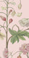 A room with wallpaper featuring a botanical garden design, including trees and floral patterns.