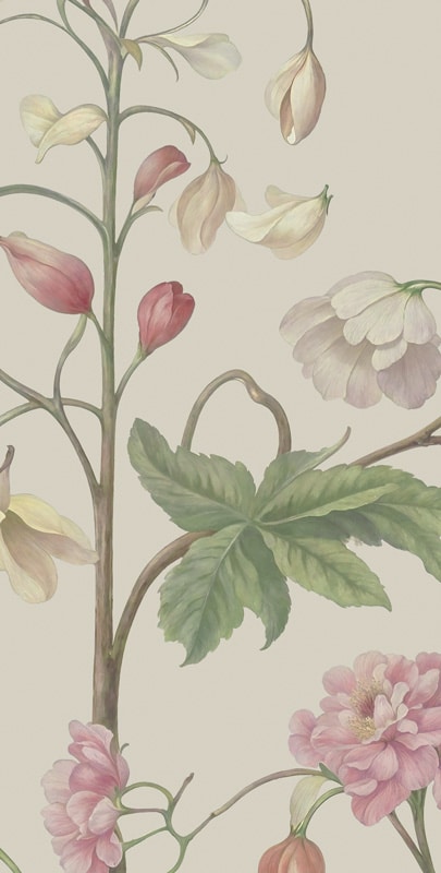 A room with wallpaper featuring a botanical garden design, including trees and floral patterns.