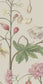 A room with wallpaper featuring a botanical garden design, including trees and floral patterns.