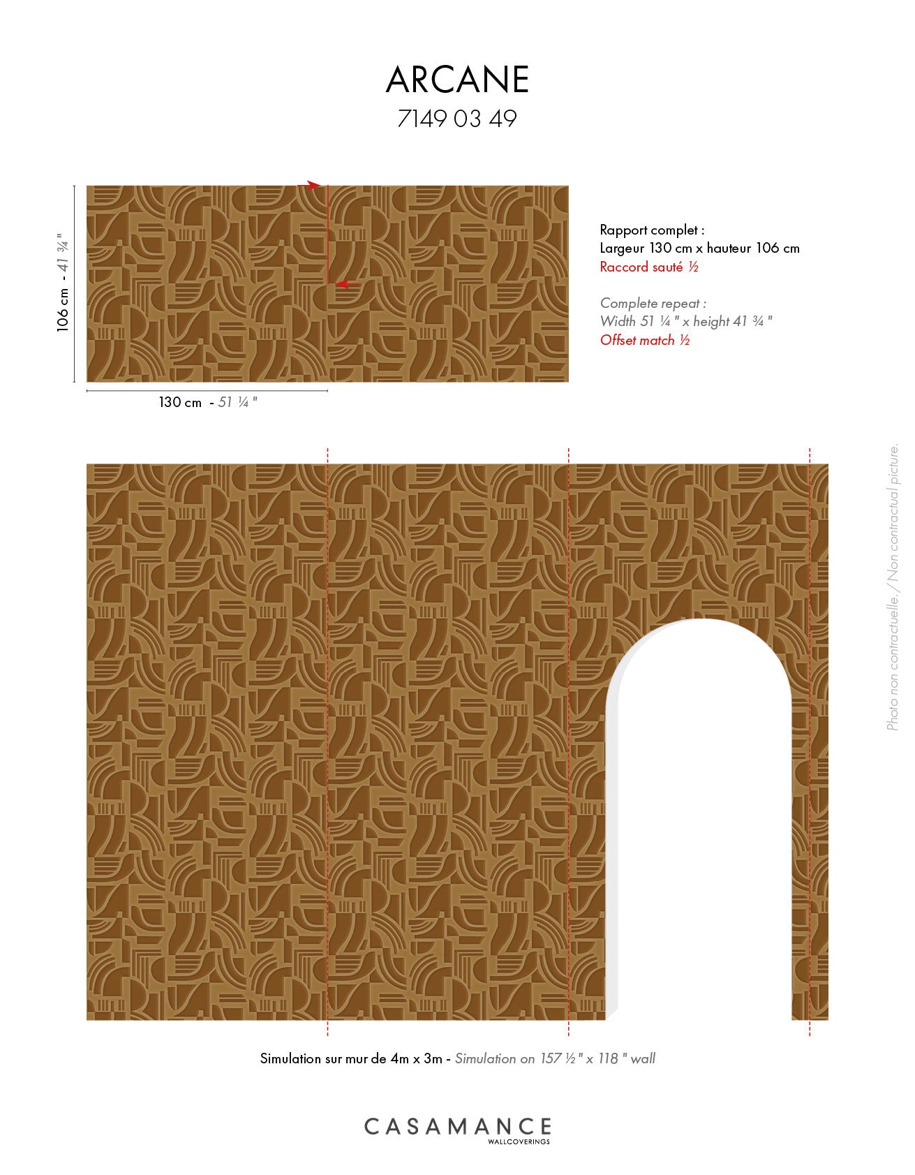 A wallpaper pattern layout sheet for the 'Arcane' pattern by Casamance, showing a flat design with an intricate brown and beige geometric pattern and a cutout shape.