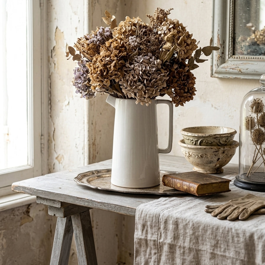 A rustic white ceramic pitcher filled with dried purple and beige hydrangeas, styled on a weathered wooden table with a linen tablecloth, a vintage book, stacked ceramic bowls, gloves, and a glass dome in a distressed room.