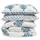Stack of white bedding with blue floral patterns on a white background