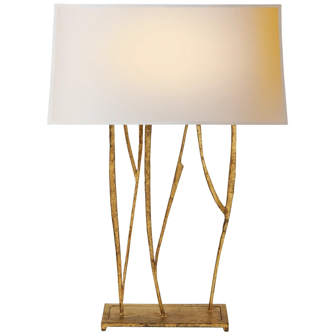 Gold lamp with tree branch design with off white parchment shade