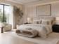 modern cream bedroom with open oval bench at foot of the bed, cream upholstered chair, a large green plant and wooden floor