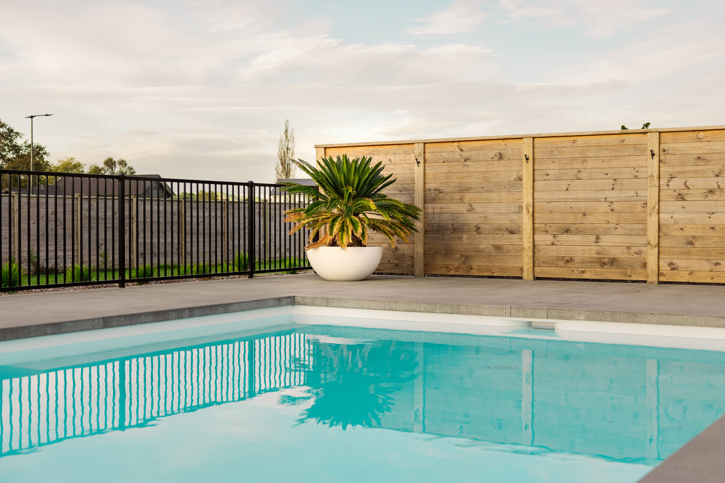 Pool area with a wooden fence, potted plant, and black metal railing.