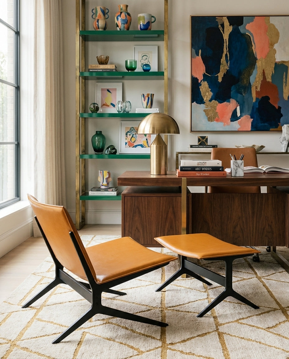 Modern office with a desk, chairs, and decorative elements.