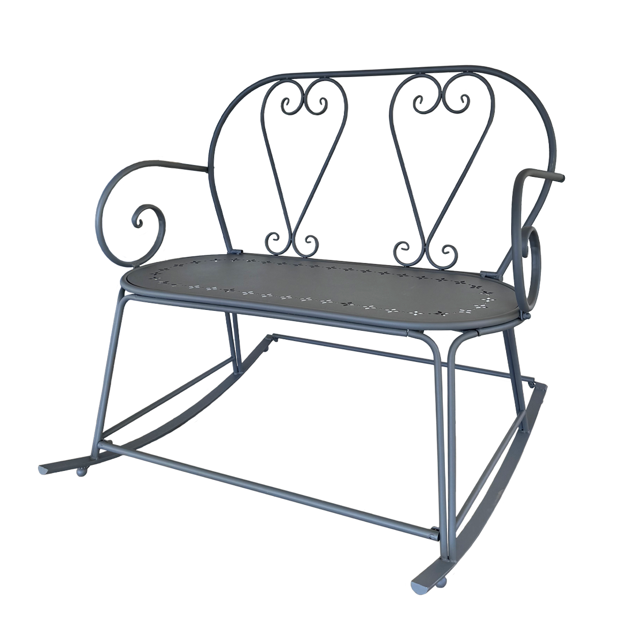 Decorative metal rocking chair with heart-shaped backrest on a white background