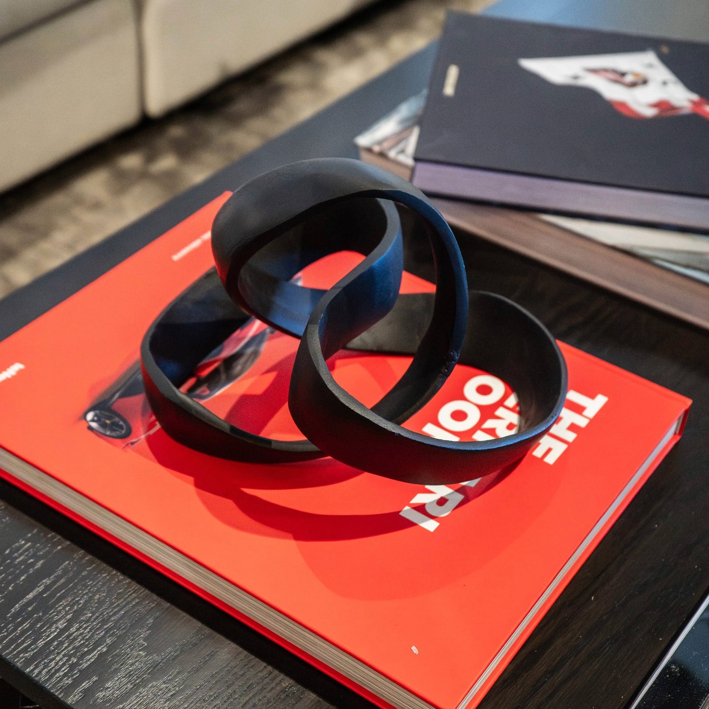 Black organic sculpture  on a red book with blurred background