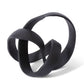 Black abstract sculpture with interlocking loops on a white background