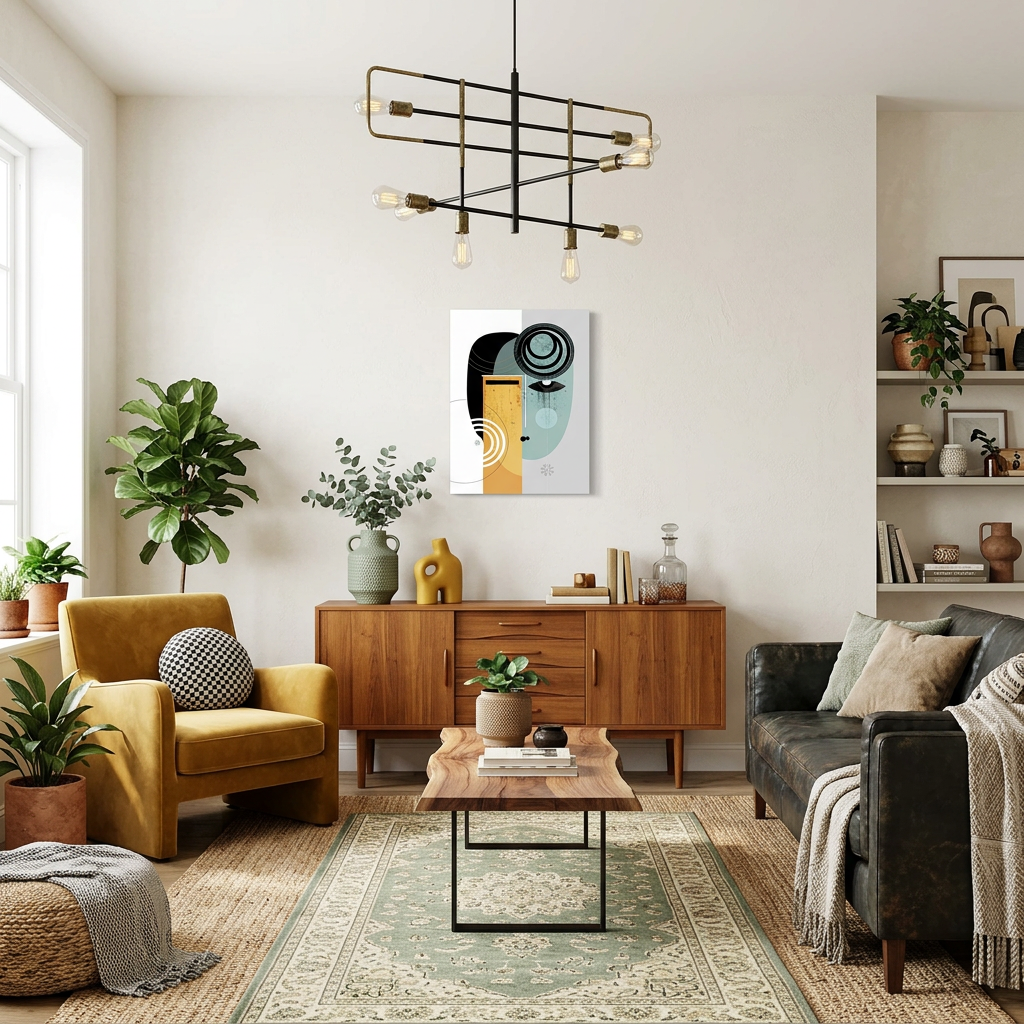 Modern living room with a yellow armchair, gray sofa, wooden coffee table, and decorative items.
