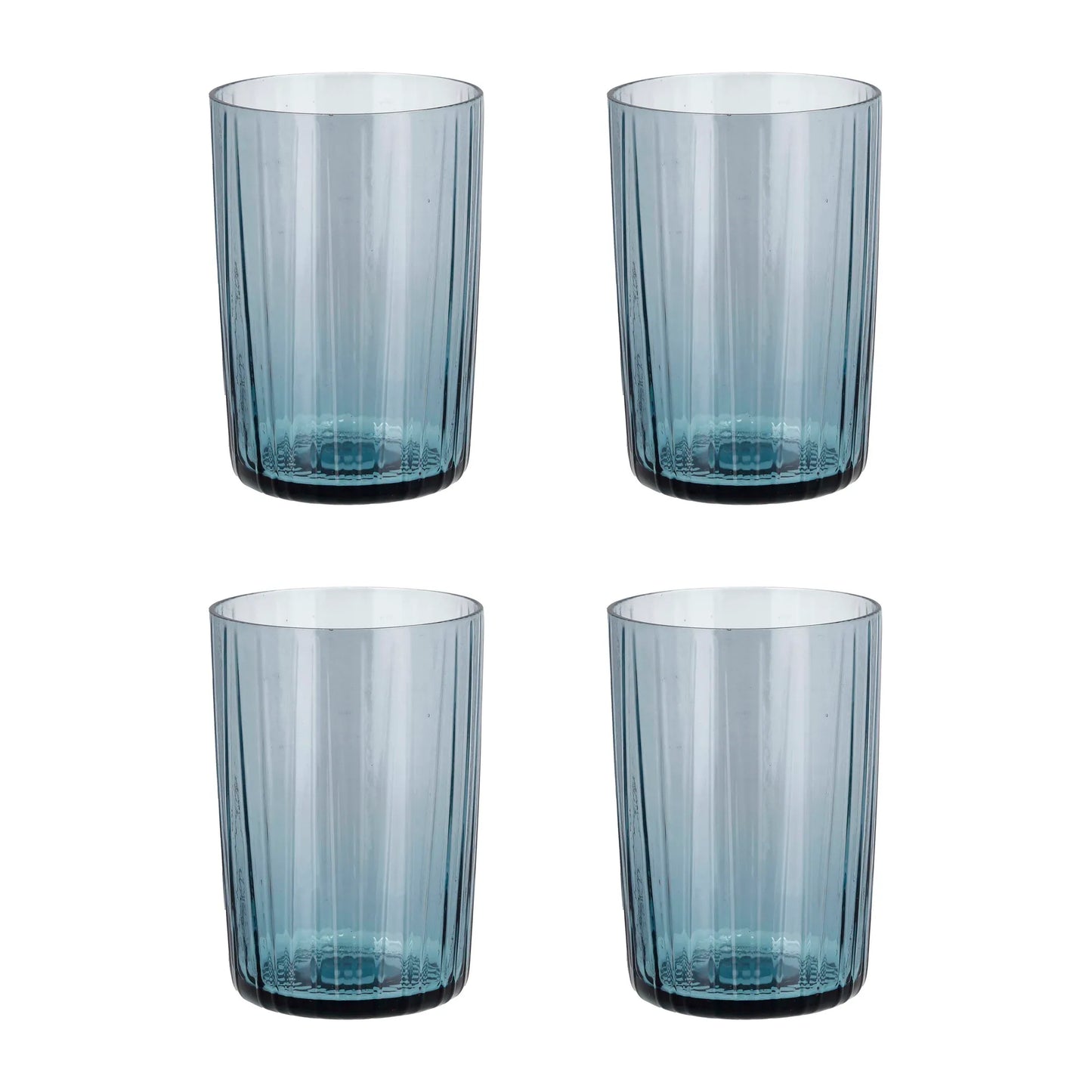 Four blue glass tumblers on a white background