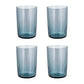 Four blue glass tumblers on a white background